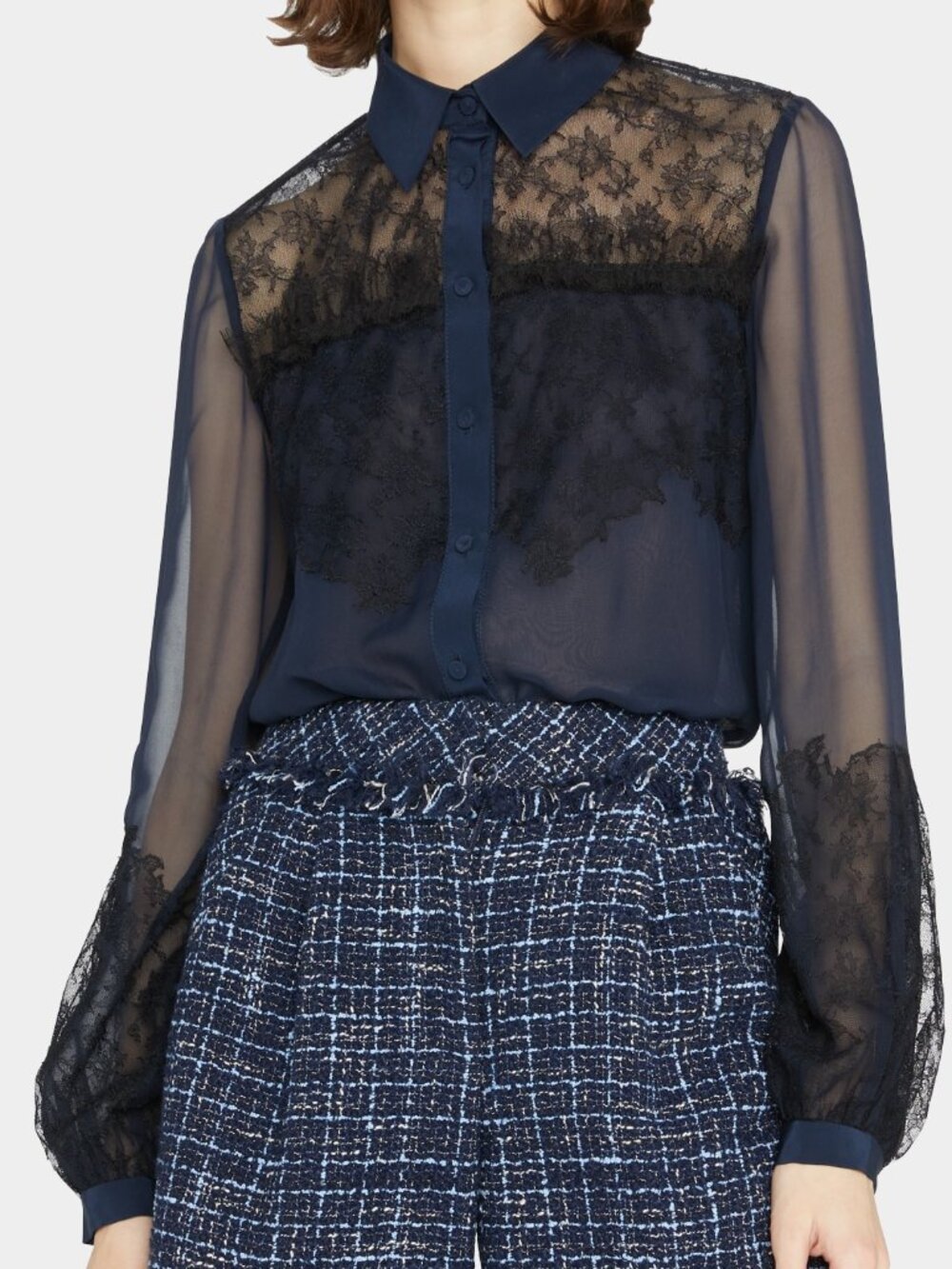 $895 Sz 4 Jason Wu Navy/Black Lace Trim Silk Chiffon Long Sleeve Blouse
